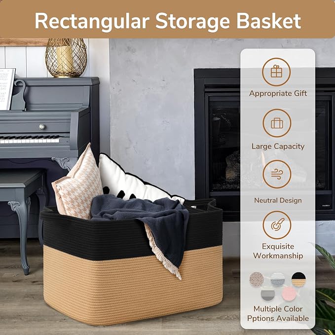 Goodpick 85L Large Woven Rope Blanket Basket, Rectangle, Black & Camel | 23.6'' x 15.7'' x 13.8'' Wicker Storage Basket for Blankets, Pillows & Toys, Home Organization & Decor, Reinforced Handles
