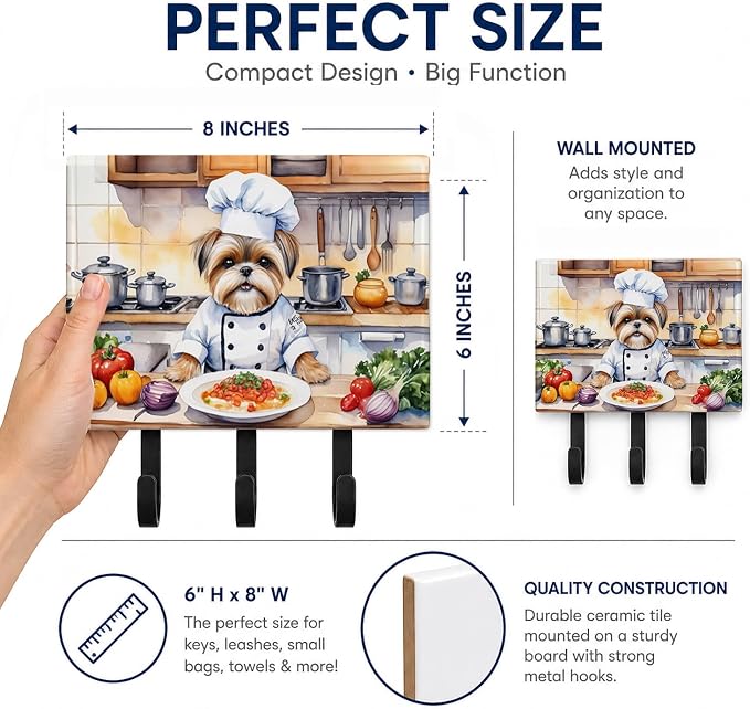 Caroline's Treasures Lhasa Apso The Chef Leash or Key Holder Wall Hooks, Key Hooks Holder, Coat Rack Wall Mount, Coat Hooks, Hooks for Hanging Keys, Towels, Aprons, Leashes | Lhasa Apso The Chef artwork on ceramic tile with three steel hooks for keys, ...