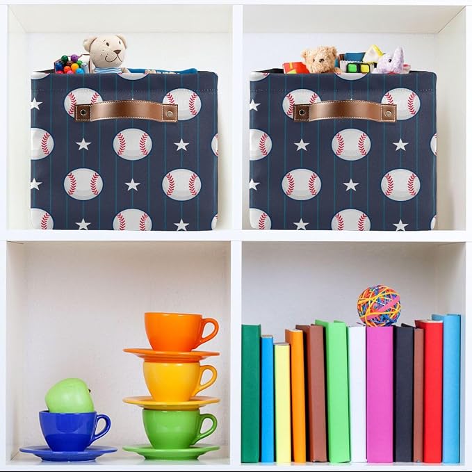 Rectangular Storage Bin Baseball Blue Print Storage Baskets with Handles Toy Bins Shelf Basket for Nursery Room Kids Toy Pets Closet