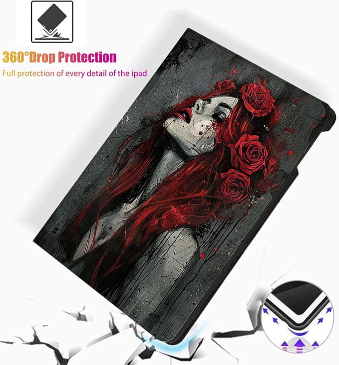 for Microsoft Surface Go 4/3/2/1-10.5" 2021 Tablet Case,Auto Wake/Sleep,Adjustable Stand Protective Cover - Rose Girl Dark Art