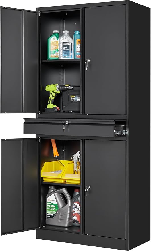 Metal Garage Storage Cabinet with Drawer and Lock,Black Metal Storage Cabinet with Locking Doors and Adjustable Shelves,71" Tall Large Steel Tool Cabinets for Home,Office,Garage,Shop