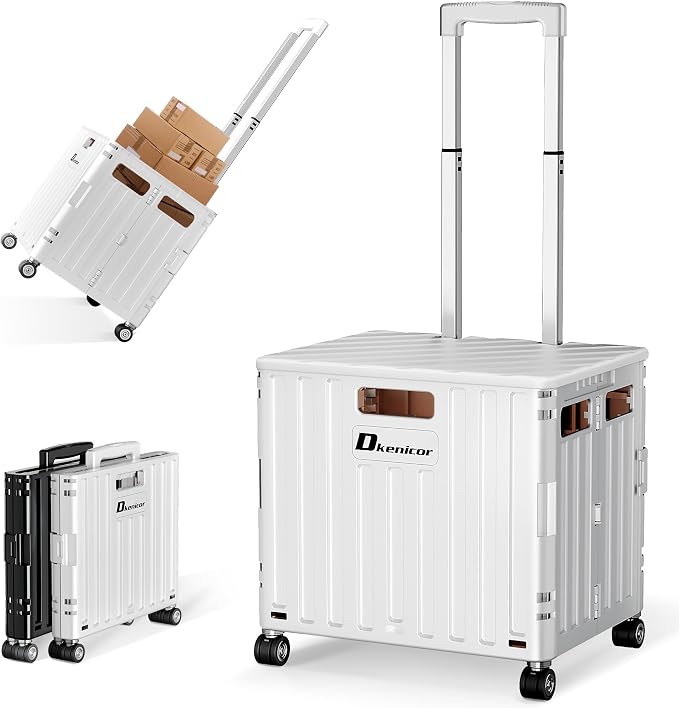 Folding Utility Cart, Portable Rolling Crate Handcart Collapsible Shopping Trolley with Lid, Foldable Tool Box Basket with 4 Rotate Wheels for Grocery, Office, Luggage, School - White