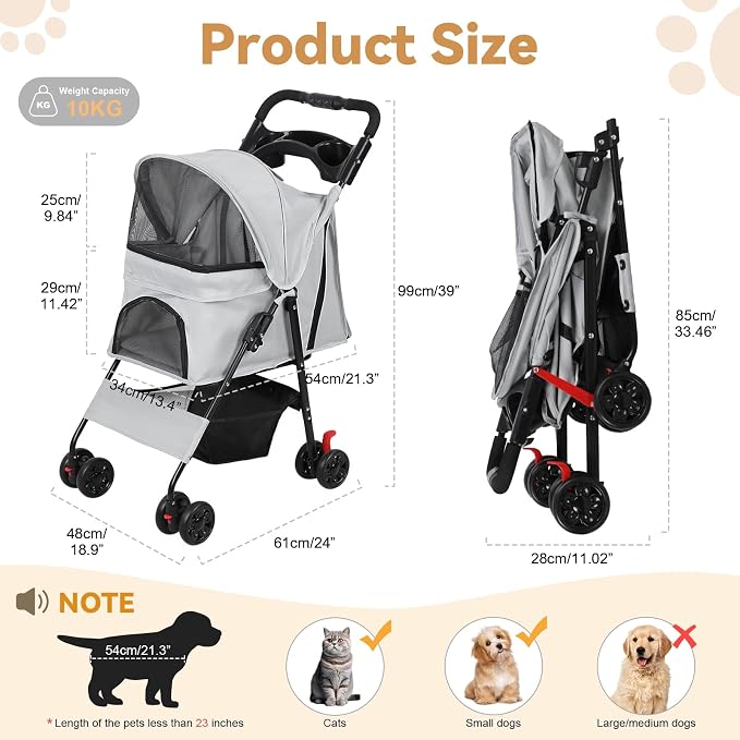 4 Wheel Pet Stroller for Small Medium Dogs, Foldable Cat Carriage with Breathable Mesh Windows, Cup Holder and Storage Basket, Portable Animal Strolling Cart Holds up to 22lbs Grey
