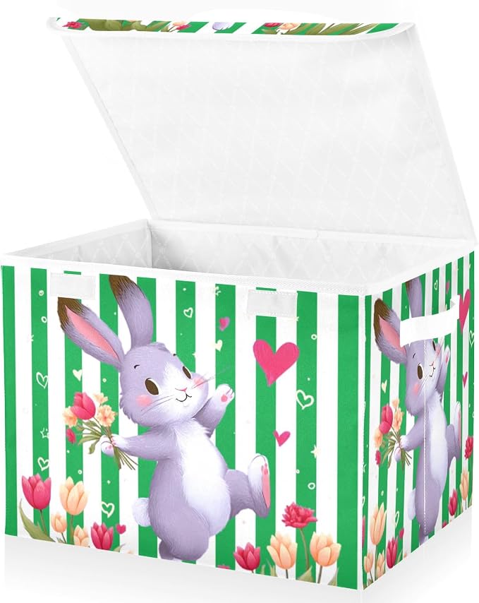 Spring Garden Fabric Storage Bins with Lid Closet Storage Basket 40L | Decorative Storage Boxes, 300D Oxford Cloth, Hollow Board Frame, Flip Top Velcro Lid, 16.5x12.6x11.8 inch, Collapsible Design