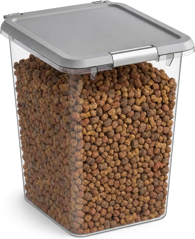Mighty Tuff 35 lb Pet Food Storage Container with Airtight Lid, Clear | Secure lid clasp helps keep dog and cat food fresh while the clear container simplifies pantry organization.