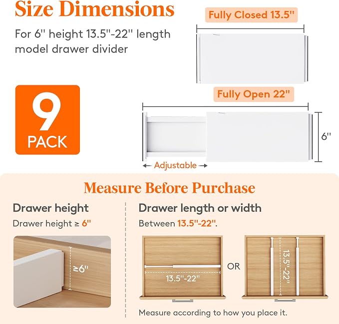 Lifewit 6" Tall Upgrade Drawer Dividers, Adjustable Deep Drawer Organizer | 13.5"-22" Expandable White Drawer Separator for Clothes, Dresser/Kitchen/Closet/Bedroom/Office Organization & Storage, 9 Pack