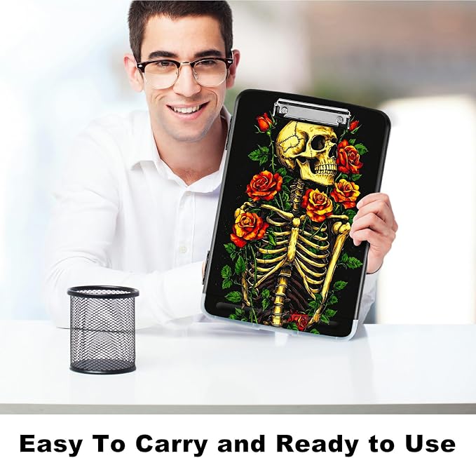 Skull Red Rose A4 Clipboard with Storage Pen Holder, Clipboards Organizer Nursing Clipboard Foldable File Folder Plastic Clipboard Folio Clip Board for Office Students Classroom Doctor