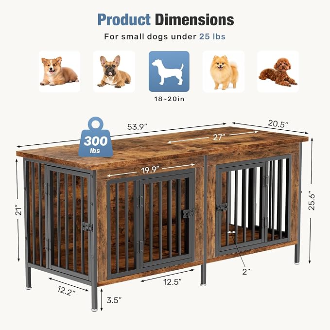 DUMOS 54" Dog Crate Furniture for 2 Dogs with Divider, Rustic Brown | Wooden Dog Kennel Furniture, Small Breed Center Divider and Double Doors, Heavy Duty Indoor Dog Cage, TV Stand, Side Table