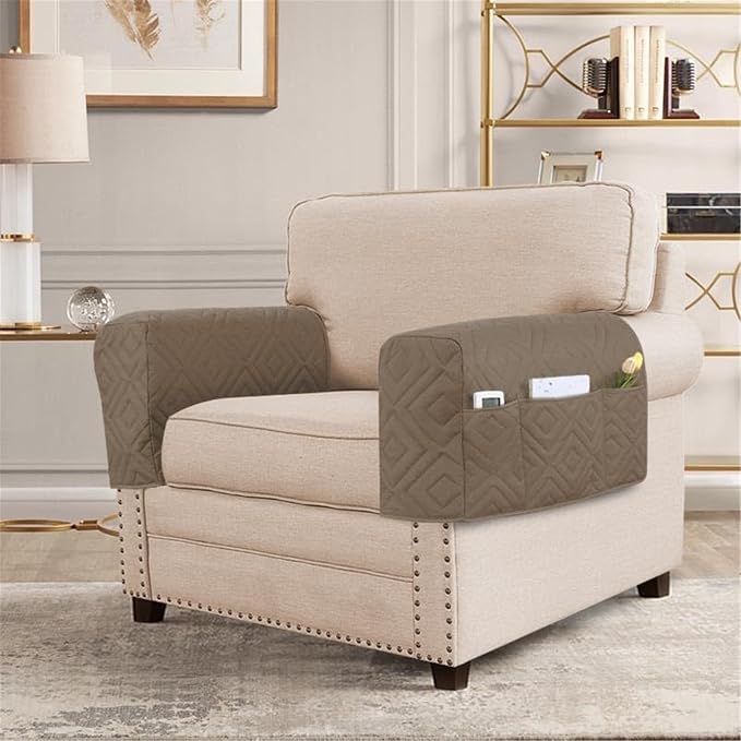 2Pcs Armrest Chair Covers for Sofa Waterproof Couch Arm Covers Armchair Covers for Arms Sofa Arm Covers Sofa Armrest Organizer for Magazine,Tablet,Phone (Taupe)