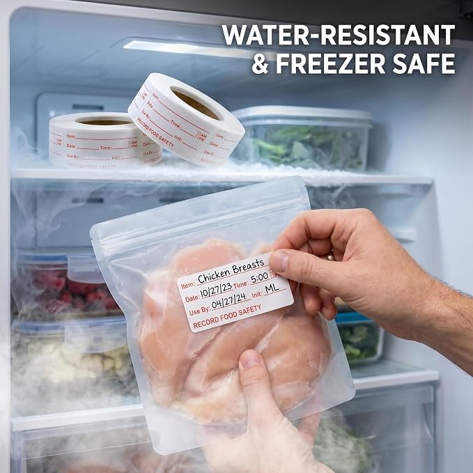 Food Storage Labels, 1000Pcs 2 Rolls, Small Self Adhesive | Removable water-resistant freezer stickers and date tags for kitchen organization, canning and food prep.