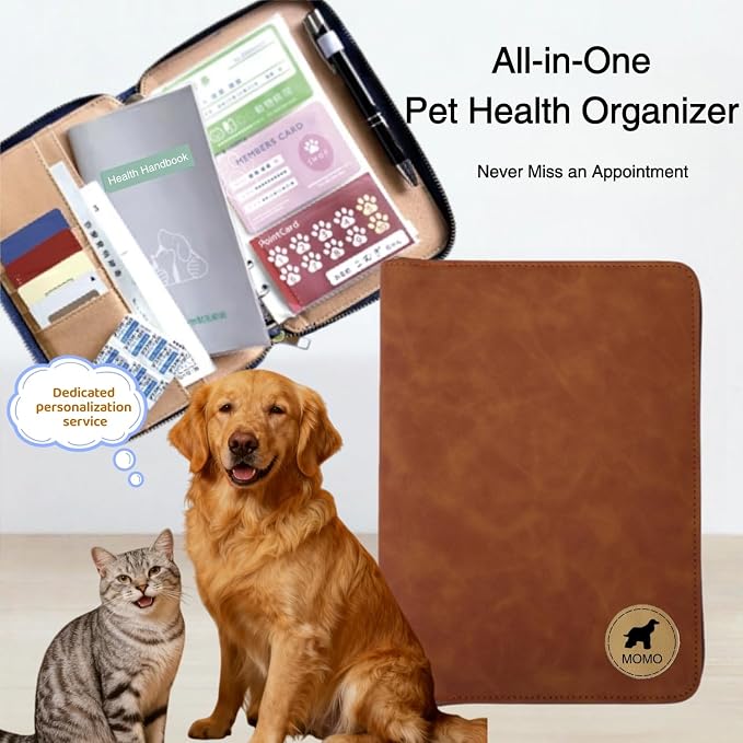 TSD Custom Pet Health Record Holder Bag Personalized Vaccine Card Wallet Engraved with Pet Name A6 Leather Pouch for Dog Cat Vet Travel Organizer