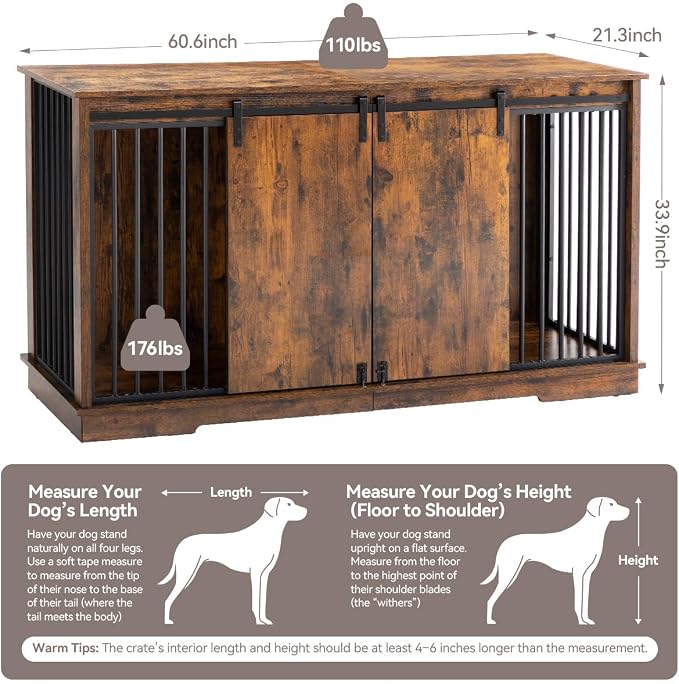 Dog Crate Furniture for 2 Dogs, 60.6 inch Extra Large Wooden Dog Kennel Furniture with Removable Divider and Double Sliding Doors, TV Stand, Side Table, Brown