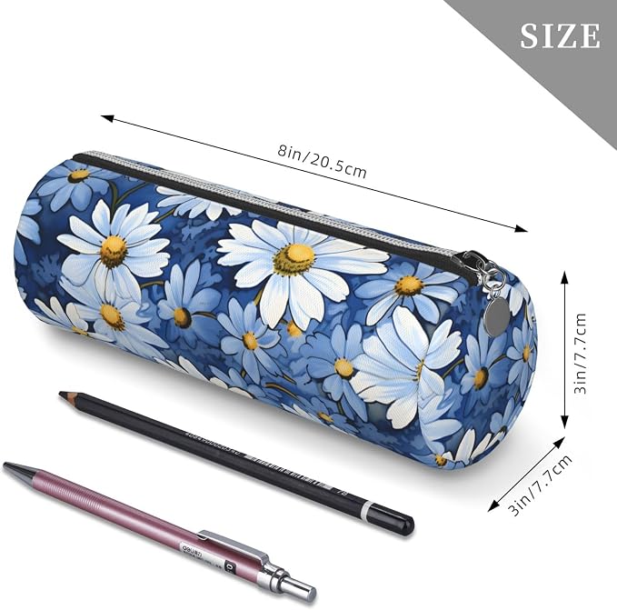 OSAM SPACE Leather Pencil Case Round Pencil Bag Daisy Blue Pen Organizer Holder Portable Zipper Pouch Cute School Supplies for Girls Boys Study Office