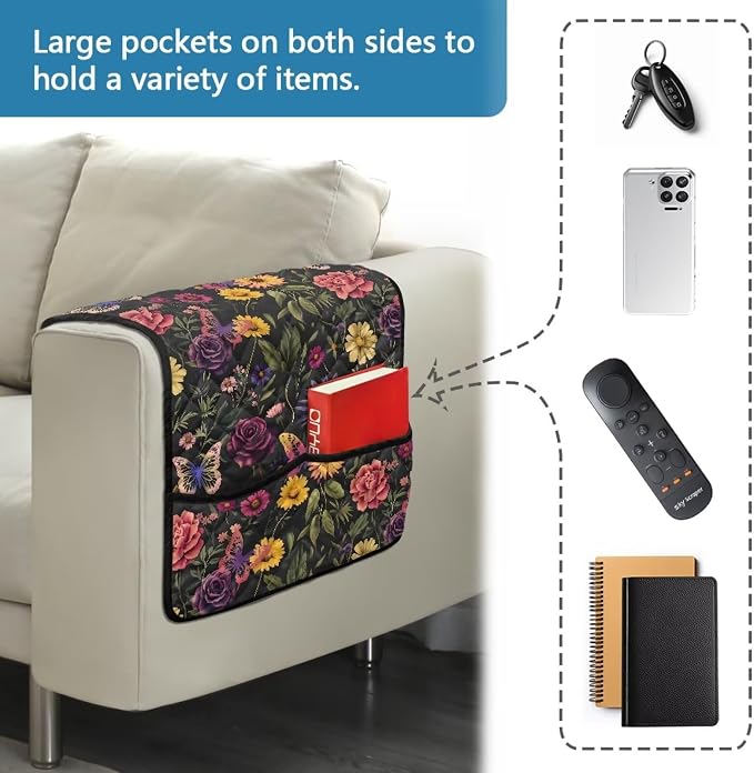 Sofa Arm Rest Cover Armrest Covers for Living Room Loveseat Couch Recliner Armchair Slipcover Sofa Arm Protector for Pets with Organizer Pockets Floral Pattern