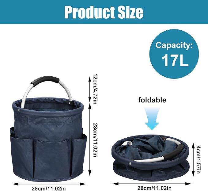 17L Foldable Cleaning Caddy with Handle - Portable Duty Tool Bag Cleaning Supply Organizer, Multi-Compartment Cleaning Bucket Storage Basket for Home Kitchen Bathroom (Blue)