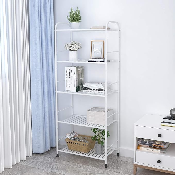 JSB 5-Tier Adjustable Shelving Unit, Heavy Duty Storage Rack Organizer Metal Corner Shelf for Kitchen Living Room Laundry Pantry Bathroom (White, 5 Tier)