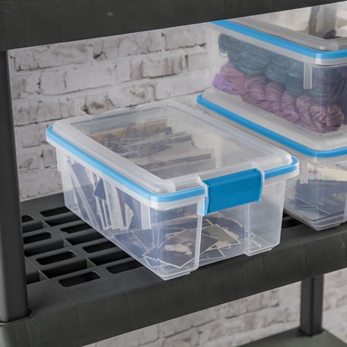 Sterilite Gasket Storage Box with Lids for Home & Office, 12 Quart, 24-Pack | Heavy-Duty, Stackable, and Organizing Containers for Bathroom, Cabinet, Closet, and Garage, Clear and Blue Aquarium Latches