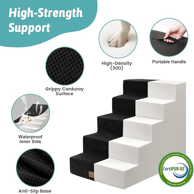 COZY KISS Dog Stairs for Small Dogs, 5 Step Pet Stairs for Beds & Couches | 23.6" H Wide Non-Slip Dog Steps with Removable Tiers & Support Board for Puppies, Older Cats & Dogs, Black