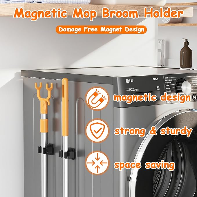 Strong Magnetic Mop Broom Holder, 4 Pack | Heavy Duty Magnetic Mop Hanger, For Refrigerators,Laundry Room Garage Kitchen Workshops