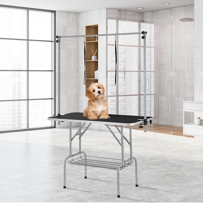 VEVOR Pet Grooming Table, 46 Inch Grooming Station with 2 Height Adjustable Arms, 330LBS Static Load Capacity, Foldable Dog Groom Station with No-Sit Haunch Holder with Loop, for Medium/Small Dogs