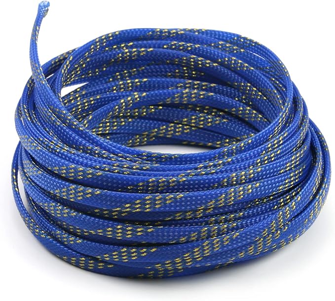 Jutagoss PET Expandable Braided Cable Sleeve, 32.8ft - 1/4 inch Blue Gold Cable Management Sleeve, Wire Loom Tube Cord Protector for USB Cable, Power Cord, Audio Video and More, 1Pc