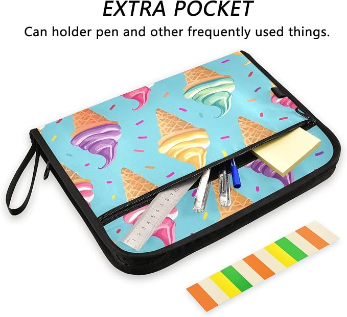 Ice Cream File Organizer 13 Pocket Expanding File Folder with Front Pouch Portable Business Fire Storage Document Organizer Folder with Zipper