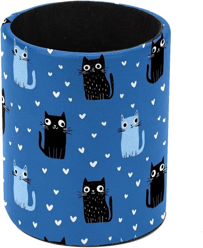 Faux Leather Pen Holder for Desk, Pencil Organizer Cute Cat Pen Cup Desk Decor Makeup Brush Holder Storage for Office Home