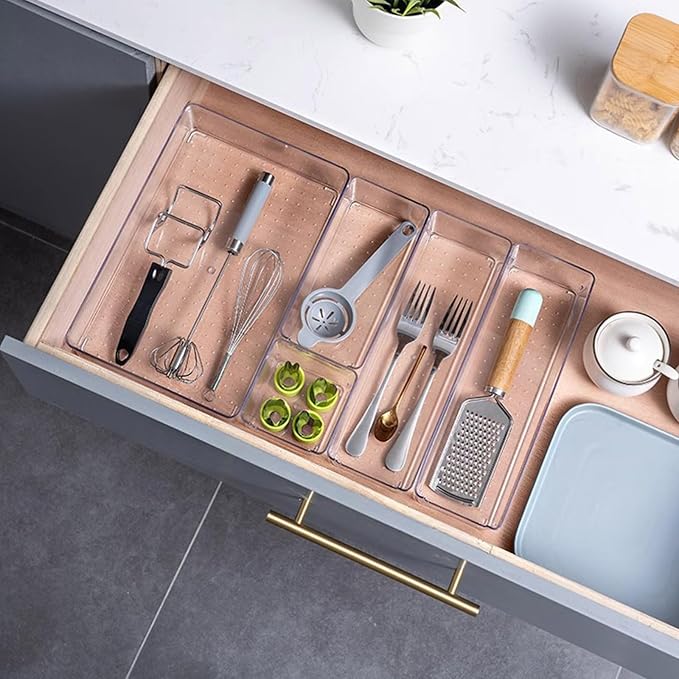 Drawer Organiser Dividers Multi Size Clear Desk Cabinet Organiser Tray Storage Bins for Kitchen Bedroom Bathroom Stackable Drawer