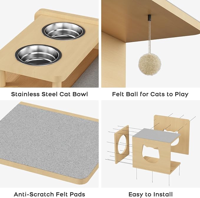 Cat Wall Shelves with Storage, Modern Floating Cat Shelves for Playing, Set of 5 Levels, Wood Color, Wall Mounted Cat Furniture and Perch, Cat Climbing Wall with Two Bowls