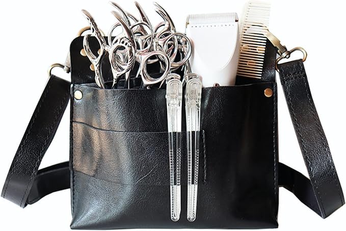 Jiawu Retro Barber Scissors Bag, Hairstylist Waist Bag with 7 Slots PU Leather Tool for Scissor Hair Clips Combs Clippers Spray Bottle Adjustable Strap Crossbody (Black)