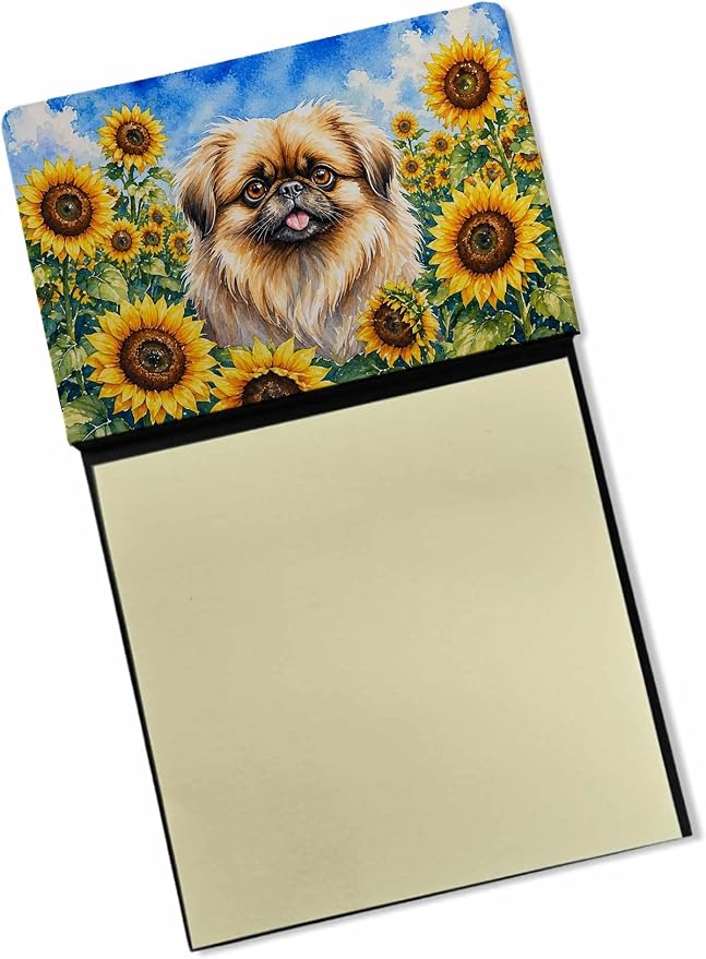 Caroline's Treasures Pekingese in Sunflowers Watercolor Sticky Note Holder Refillable Dispenser Desk Accessory 3x3 Pad Gift