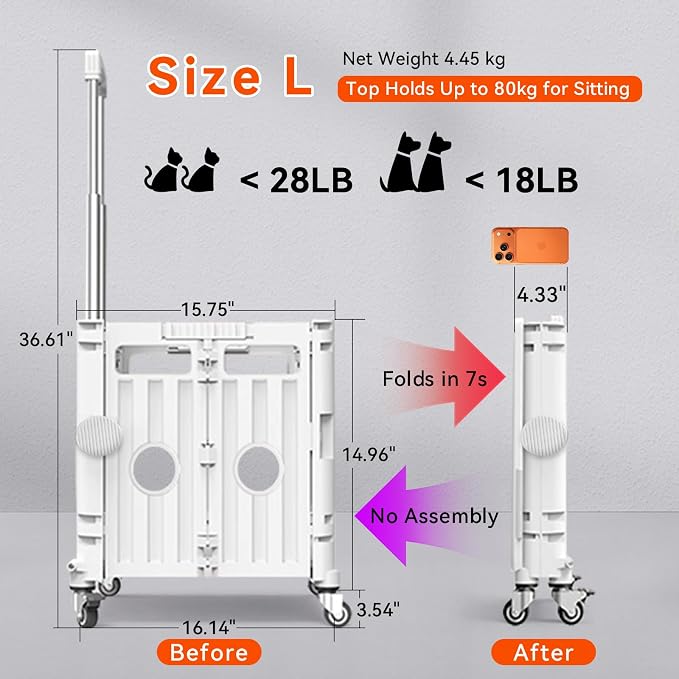 Collapsible Cat & Small Dog Carrier with Wheels Trolley Crate (White, L) | Lightweight waterproof portable foldable stroller for kittens and puppies, Airport trips, Vet visits, Rroad travel