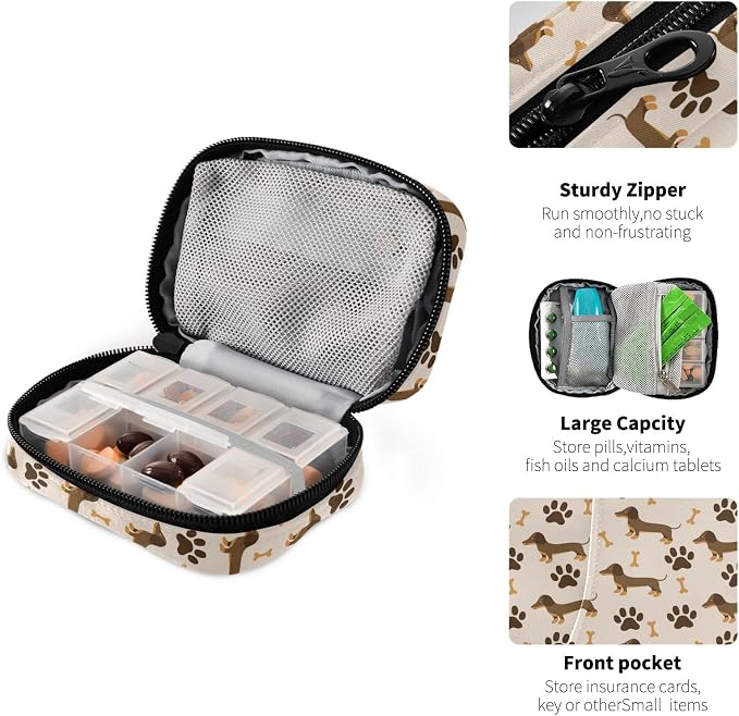 Dog Paw Dachshund Pill Case, Portable Weekly Travel Pill Box Bag Container 7 Days Pill Organizer Vitamin Supplement Holder with Zipper for Family Business