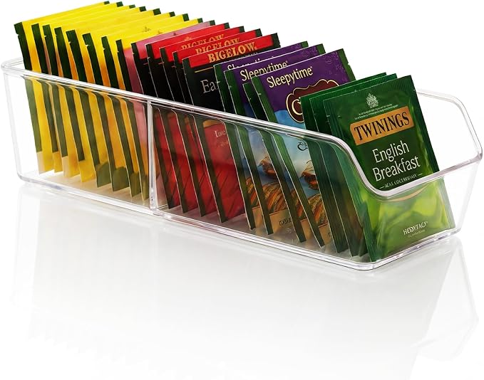 Tea Bag Organizer, Tea Bag Holder, Clear Plastic Tea Organizer for Cabinet, 2 Compartment Storage for Tea, Coffee, Sugar, Seasoning Packets, Fridge, Tabletop, Kitchen Countertop