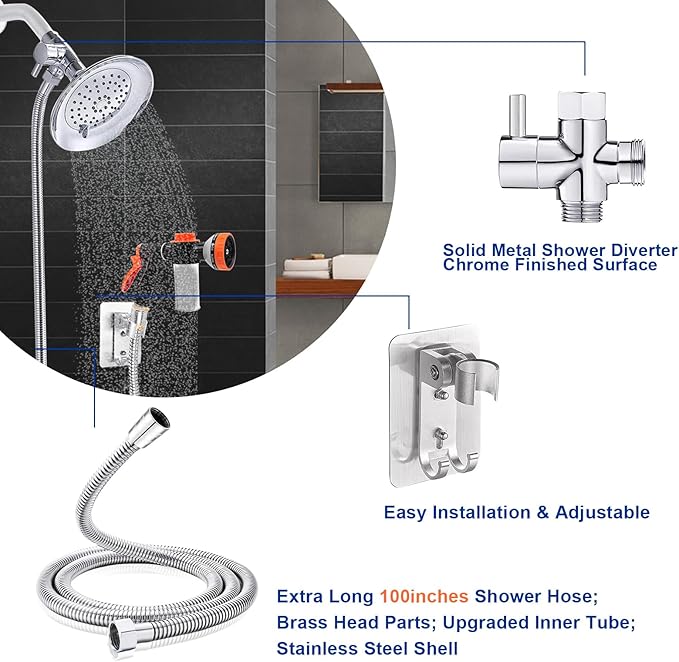 Dog Shower Attachment Water Hose Nozzle Sprayer Set with Metal 3-Way Shower Diverter & 100inches Long Hose for Bathroom Shower Arm Easy Indoor Outdoor Pet Pup Dog Washing Hose attachment