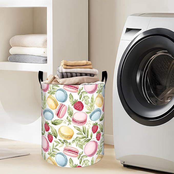 Sweet Macaron Laundry Basket, Green Leaves Flower Dessert Storage Hamper, Round Collapsible Waterproof Cloth Bin, 19.7x15.7 Inch Cute Cartoon Clothes Organizer Gifts for Bathroom Decor