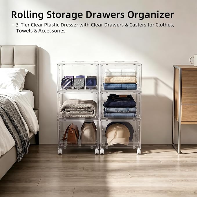 Large Clear Storage 3 Drawer Organizer with Wheels for Closet | Plastic Drawer Organizer, Storage Bins with Drawers, Dustproof Rolling Cart Bedroom, Bathroom, Home Office, and Dorm Rooms