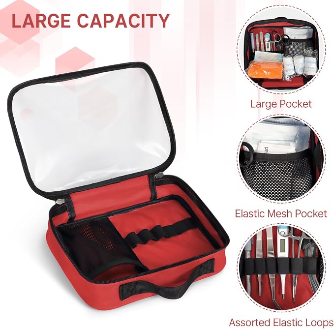 Empty First Aid Bag Clear PVC Waterproof Organizer Pouch Zipper Colored First Aid Kit for EMT Outdoor Travel (Red, Pack of 2)
