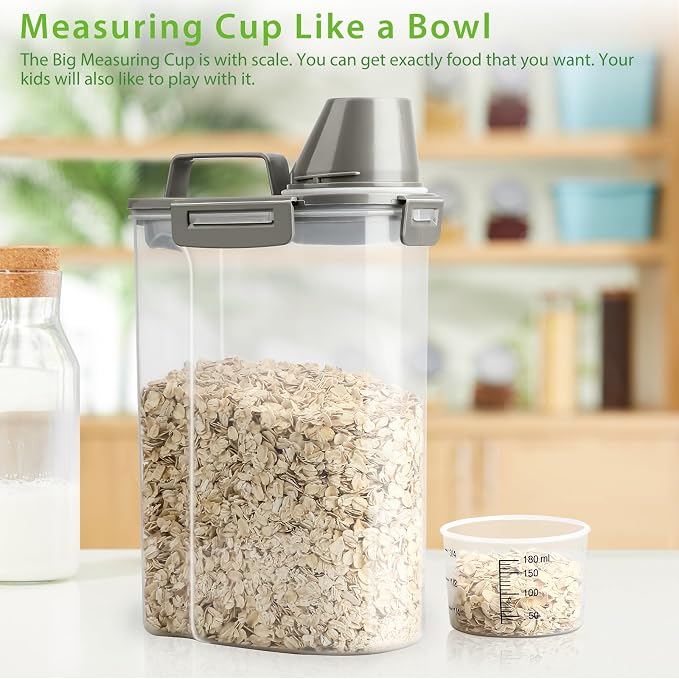 Viretec Rice Airtight Storage Container, 3 to 5Lbs Cereal Dry Food Flour Bin, Pet Dog Cat Food Dispenser with Measuring Cup, BPA Free Clear Plastic Kitchen and Pantry Organization Bin for Sugar