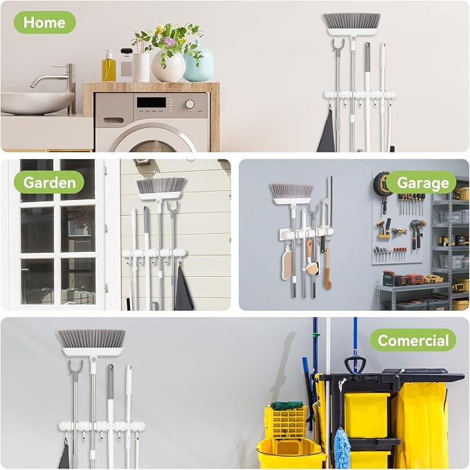 OTraki Broom Holder Wall Mount, No Drill Mop and Broom Organizer | with 4 Slots and 5 Hooks, Garden Tool Hanger for Laundry Room Closet Kitchen Garage Storage and Organization
