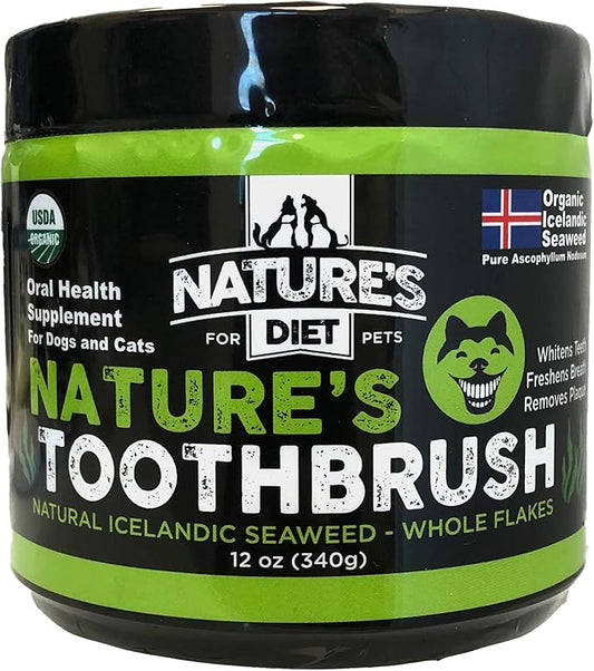 Nature's Diet Nature's Toothbrush Icelandic Seaweed Whole Flakes Oral Health Breath and Build-up Control Daily Meal Topper for Dogs & Cats
