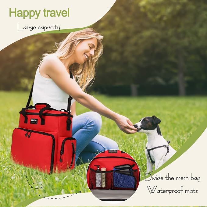 LARIPOP Dog Travel Bag Airline Friendly for Small Medium Large Dogs, Pet Travel Organizer with Collapsible Bowls Food Containers Mat, Waterproof Portable Tote for Dog Outdoor Travel
