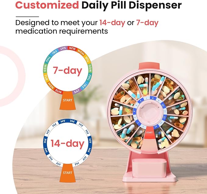 Odaro Large Weekly Pill Dispenser 7 Day Am Pm, Easy One Button, Pink | Daily Medicine Pill Organizer, Large Compartments, Wall & Counter Mount, Easy Use, Easy Refill, Sturdy Hard Plastic