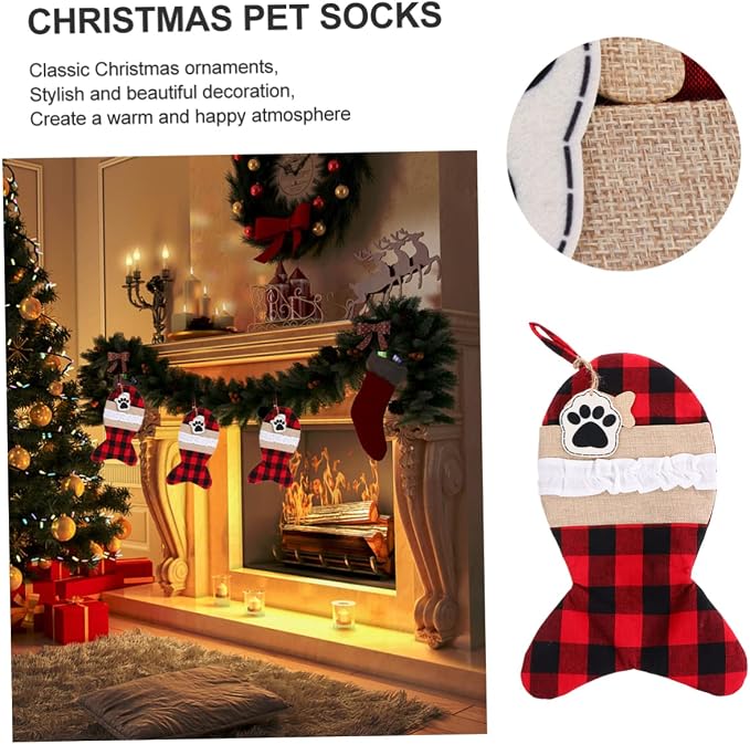 NULYLU 1pc Christmas Pet Sock Bag and Plaid Design Cute Candy Pouch for Holiday Storage and Decorations for Filling and Stocking Stuffers