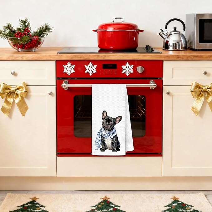 Chinoiserie Black French Bulldog Kitchen Towels 16x24 in, Black French Bulldog Gifts, Grandmillennial Scarf Frenchie Dog Decorative Hand Tea Dish Towels for Bathroom Kitchen