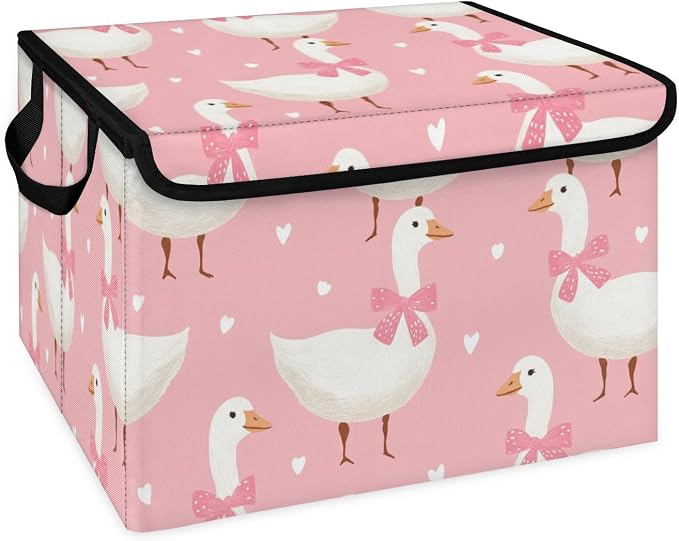 Cute Goose Storage Bins with Lids, Pink Bow Foldable Storage Boxes with Carrying Handle Organizer Containers Baskets Cube for Home Bedroom Closet