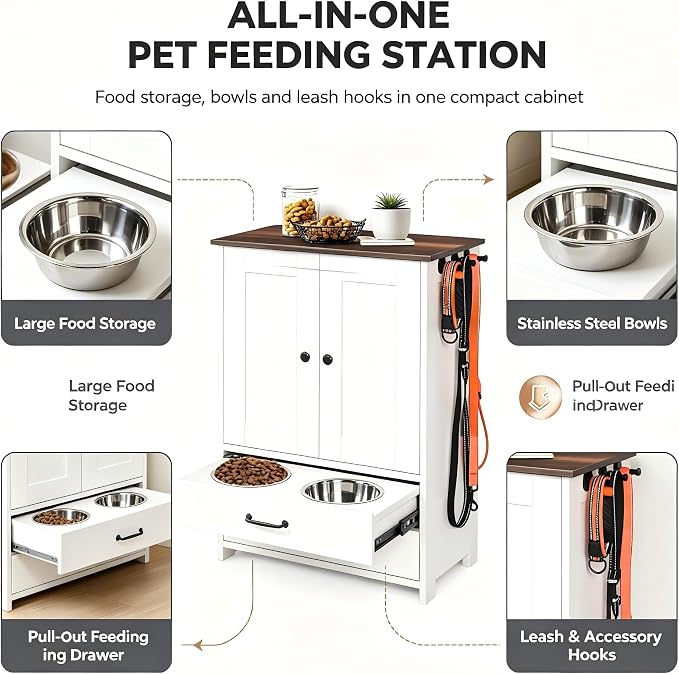 Wooden Dog Feeding Station Cabinet with Pull-Out Feeder Drawer, 2 Stainless Steel Bowls, Large Storage Cabinet & 3 Leash Hooks, Pet Food Organizer for Home Living Room Kitchen