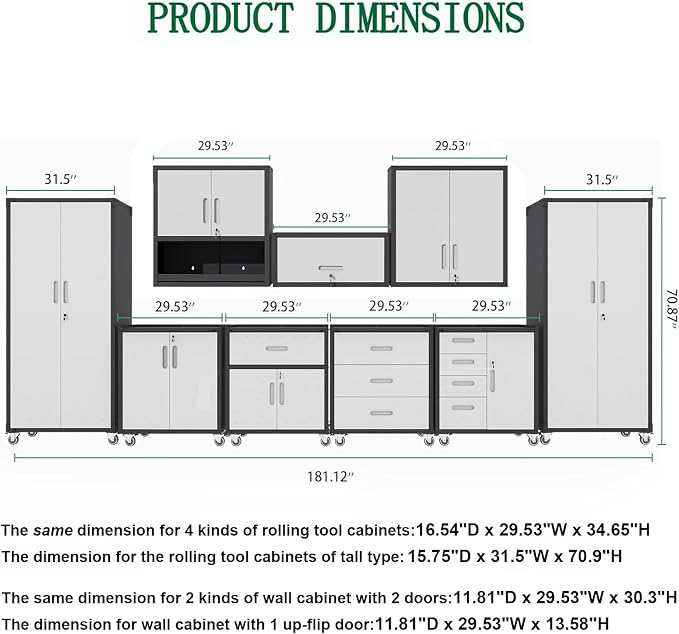 Metal Garage Cabinets and Storage System, 9-Pcs Tool Cabinet Set in Gray | Including 3 Pcs Wall Cabinets 6 Pcs Garage Tool Cabinets with Wheels,Assembly Required
