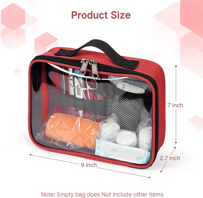 Empty First Aid Bag Clear PVC Waterproof Organizer Pouch Zipper Colored First Aid Kit for EMT Outdoor Travel (Red, Pack of 2)