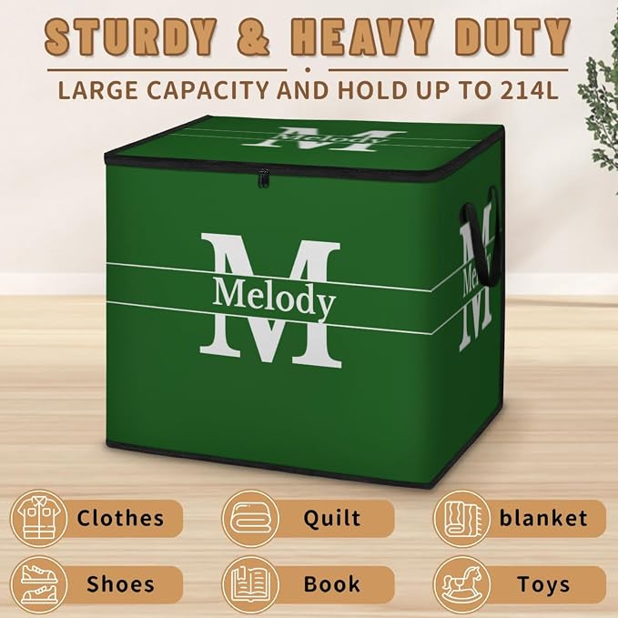 Personalized Storage Bags with Lid Large Blanket Clothes Organization and Storage Containers for Comforters,Bedding, Foldable Organizer with Reinforced Handle, Forest Green with Initial Letter
